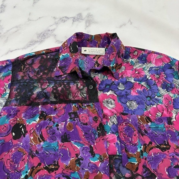 Jonathan Martin Womens Vintage 90s Patchwork Blouse Shirt Size M Pink Black Lace - Picture 2 of 12
